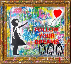 Balloon Girl by Mr. Brainwash - Stretched Canvas with Vandalised Frame sized 35x39 inches. Available from Whitewall Galleries